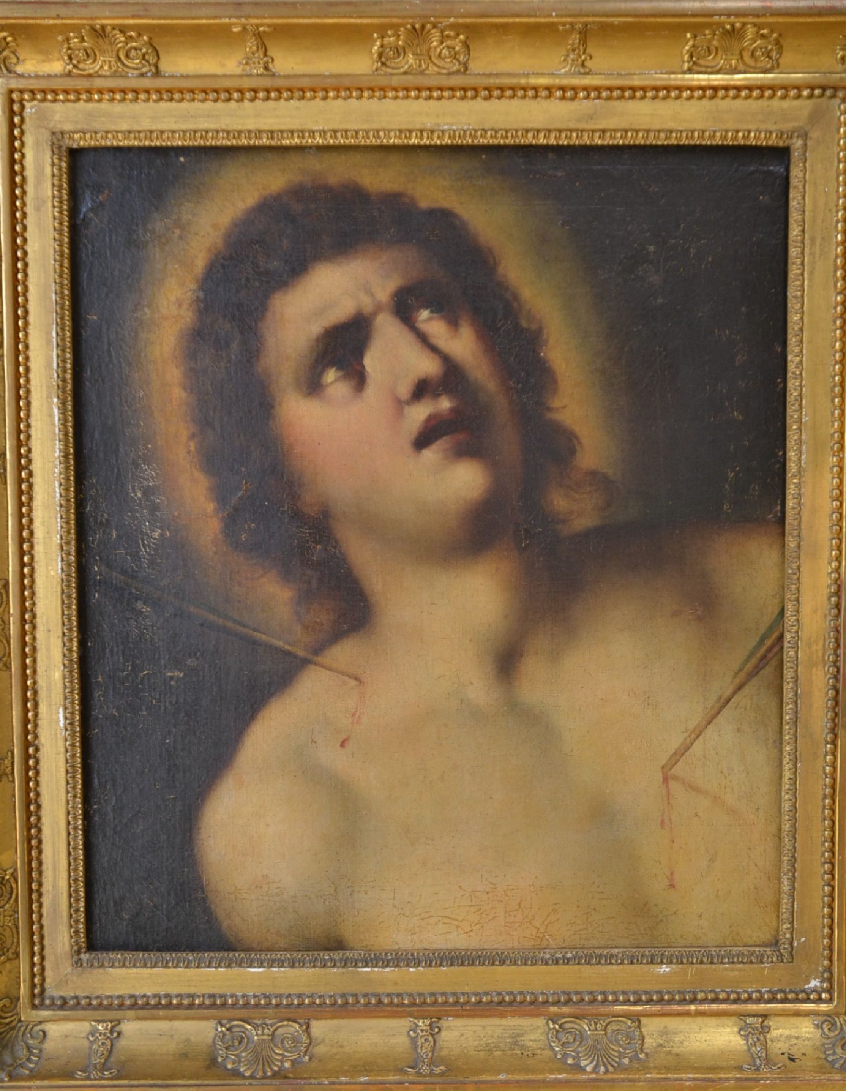 Detail b: Unbekannter Maler, Italien, 1. Hälfte 19. Jh., Porträt des Hl. Sebastian nach Guido Reni, Öl/Lwd, mit altersbedingten Oberflächenschäden, ca. ...