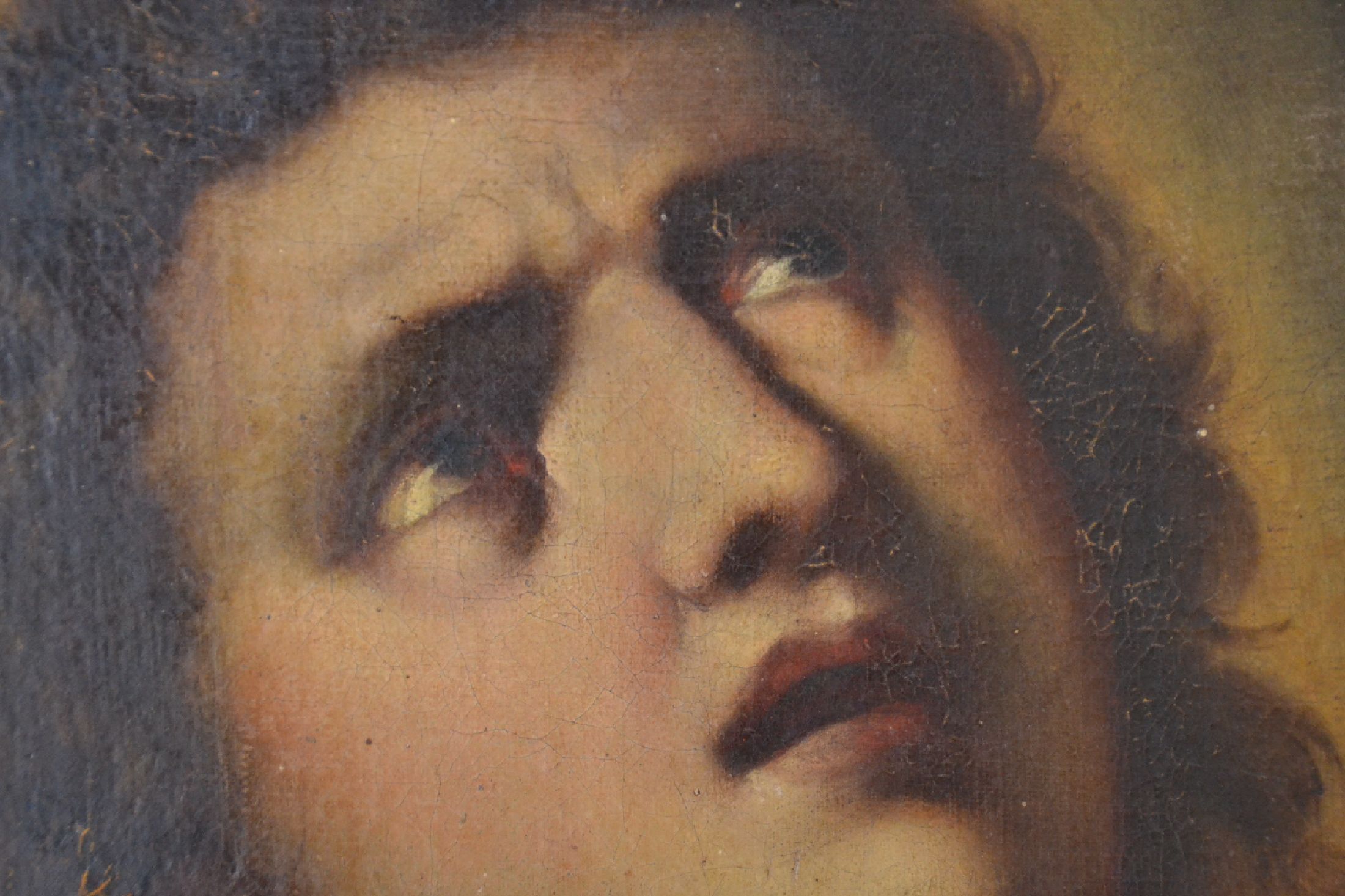 Detail c: Unbekannter Maler, Italien, 1. Hälfte 19. Jh., Porträt des Hl. Sebastian nach Guido Reni, Öl/Lwd, mit altersbedingten Oberflächenschäden, ca. ...