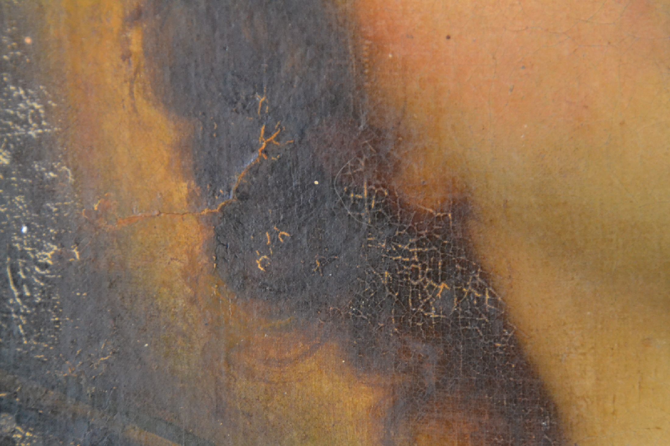Detail d: Unbekannter Maler, Italien, 1. Hälfte 19. Jh., Porträt des Hl. Sebastian nach Guido Reni, Öl/Lwd, mit altersbedingten Oberflächenschäden, ca. ...