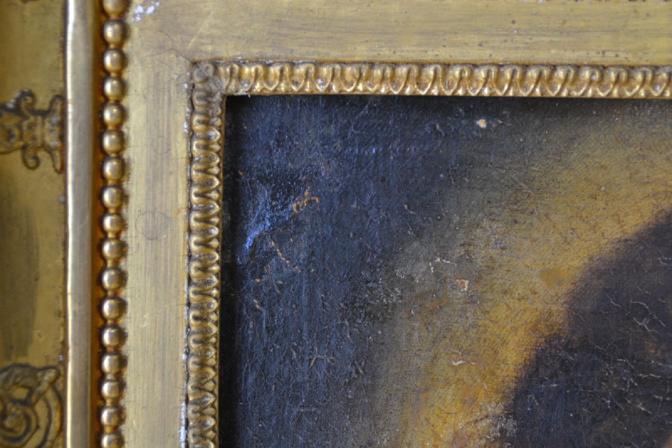 Detail g: Unbekannter Maler, Italien, 1. Hälfte 19. Jh., Porträt des Hl. Sebastian nach Guido Reni, Öl/Lwd, mit altersbedingten Oberflächenschäden, ca. ...