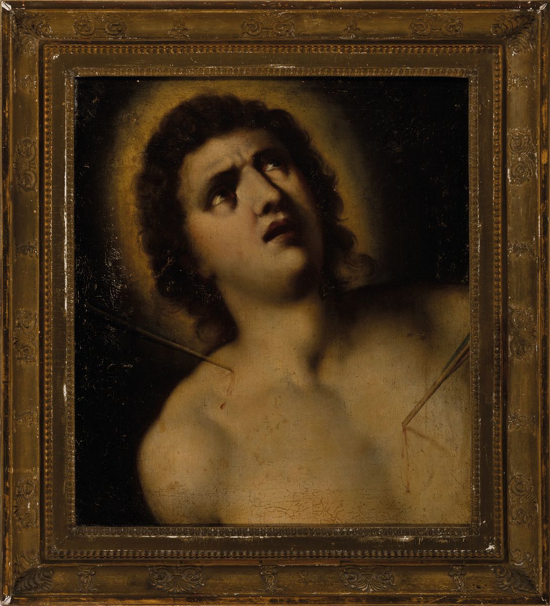Detail k: Unbekannter Maler, Italien, 1. Hälfte 19. Jh., Porträt des Hl. Sebastian nach Guido Reni, Öl/Lwd, mit altersbedingten Oberflächenschäden, ca. ...