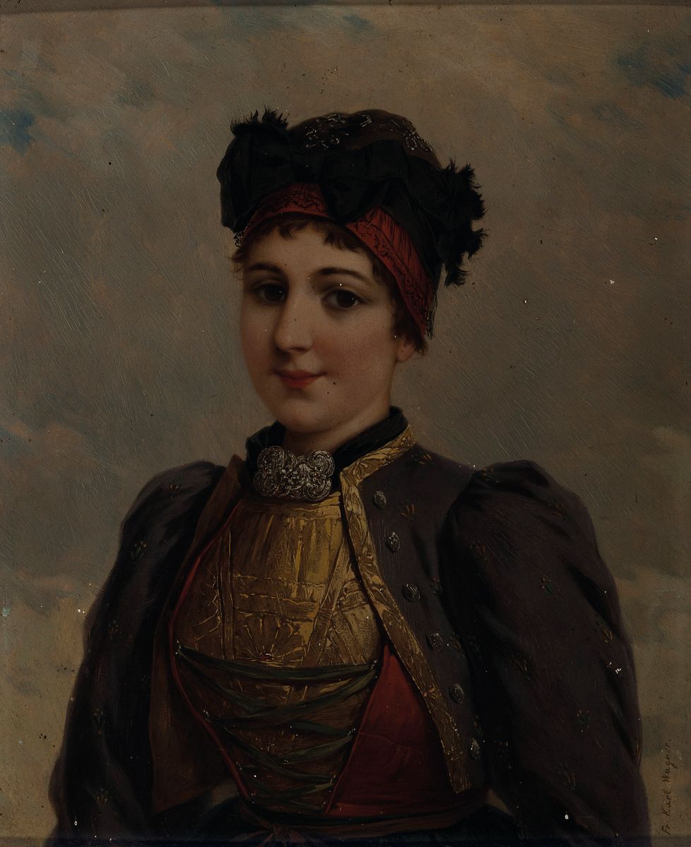 Friedrich Karl Wagner, 1877 Gochsheim-1951 Karlsruhe, Porträt einer jungen Frau in Tracht, Öl/Holz, rechts unten signiert Fr. Karl Wagner, ca. ...