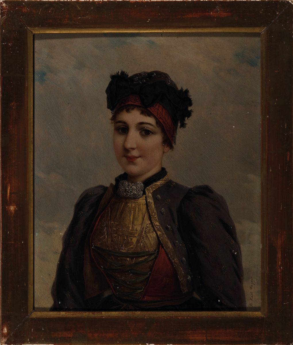 Detail k: Friedrich Karl Wagner, 1877 Gochsheim-1951 Karlsruhe, Porträt einer jungen Frau in Tracht, Öl/Holz, rechts unten signiert Fr. Karl Wagner, ca. ...