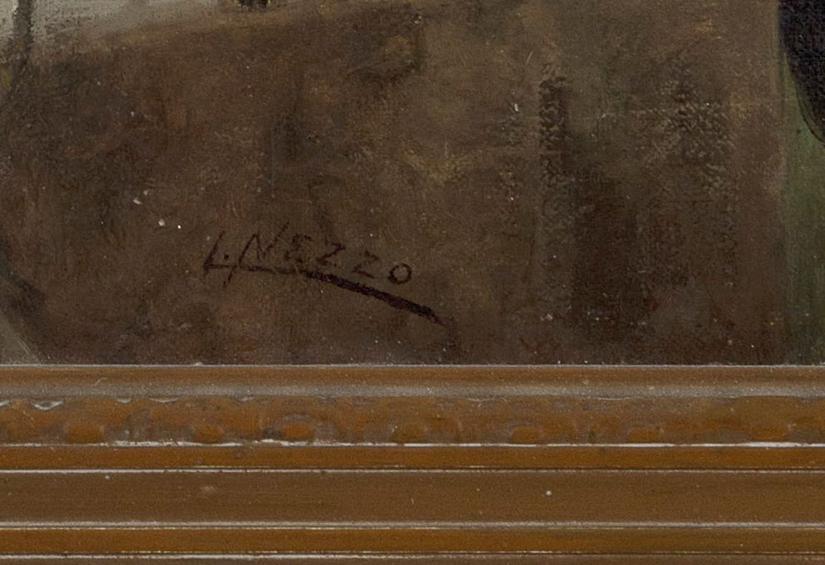 Detail a: Luciano Nezzo, 1856-1903, Begegnung am Brunnen, junge Bäuerin tränkt eine Kuh, ein junger Mann betrachtet sie dabei, Öl/Lwd, mittig unten ...