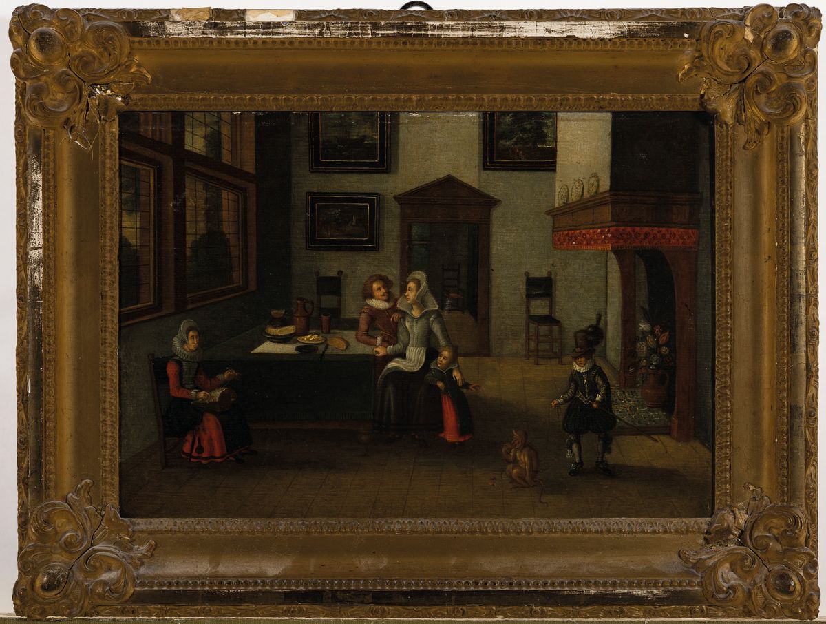 Detail k: Niederländischer Künstler, um 1680-1720, Interieur mit Familie am Esstisch, Ehepaar mit Kindern und Dame bei der Handarbeit, im Vordergrund ...