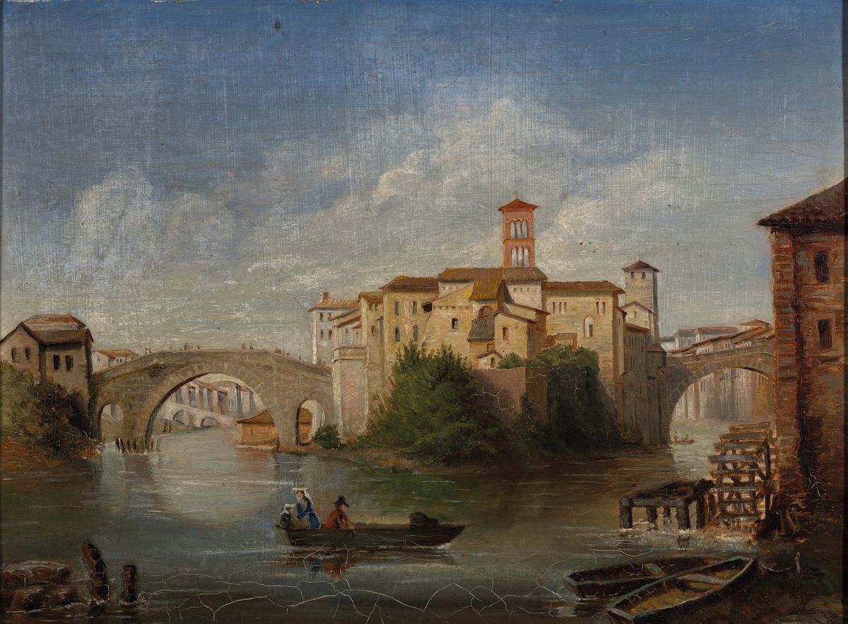 Unbekannter Künstler, Mitte 19. Jh., Ansicht von Venedig, Öl/Lwd, unsigniert, krakeliert, Altersspuren, ca. 30 x 40 cm, Rahmen