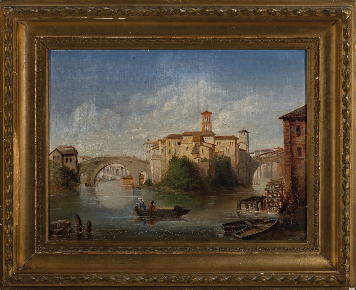 Detail k: Unbekannter Künstler, Mitte 19. Jh., Ansicht von Venedig, Öl/Lwd, unsigniert, krakeliert, Altersspuren, ca. 30 x 40 cm, Rahmen