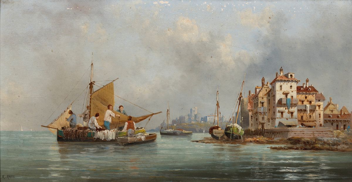 M. Mauus, um 1900, südliche Küstenansicht mit Blick auf den Hafen, Personenstaffage, Öl/Holz, li. u. signiert, ca. 22 x 40 cm, Prunkrahmen