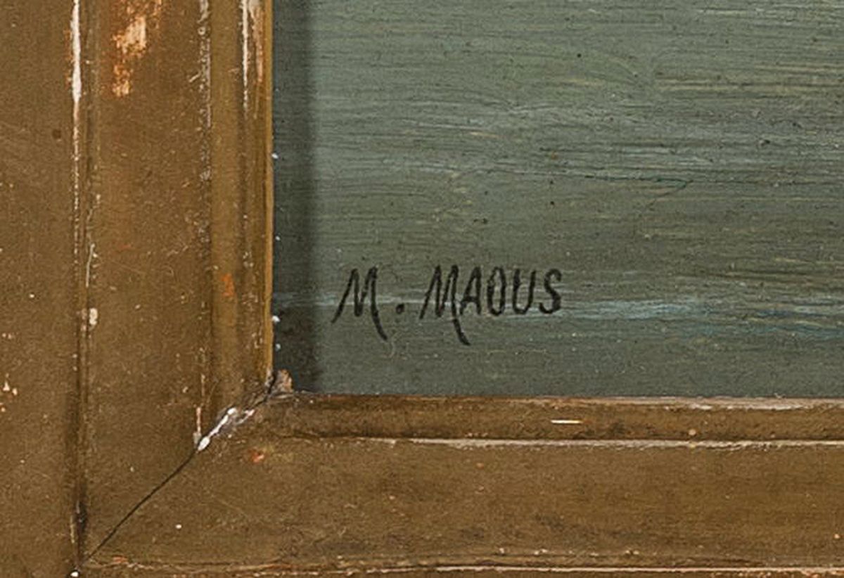 Detail a: M. Mauus, um 1900, südliche Küstenansicht mit Blick auf den Hafen, Personenstaffage, Öl/Holz, li. u. signiert, ca. 22 x 40 cm, Prunkrahmen