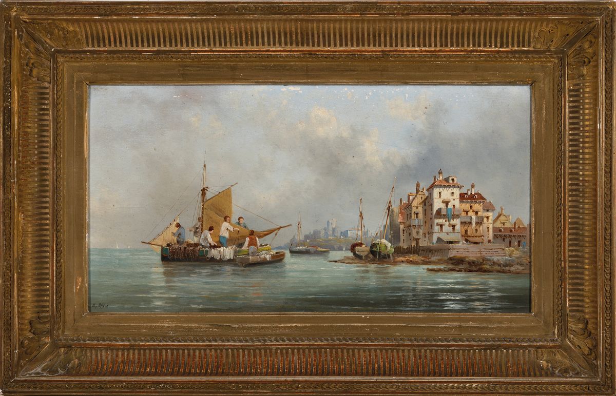Detail k: M. Mauus, um 1900, südliche Küstenansicht mit Blick auf den Hafen, Personenstaffage, Öl/Holz, li. u. signiert, ca. 22 x 40 cm, Prunkrahmen