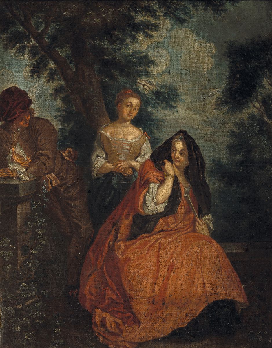 Paar Barockgemälde, wohl süddeutsch, um 1750, galante Szene im Park, Öl/Lwd, krakeliert, ca. 43 x 34 cm, Rahmen