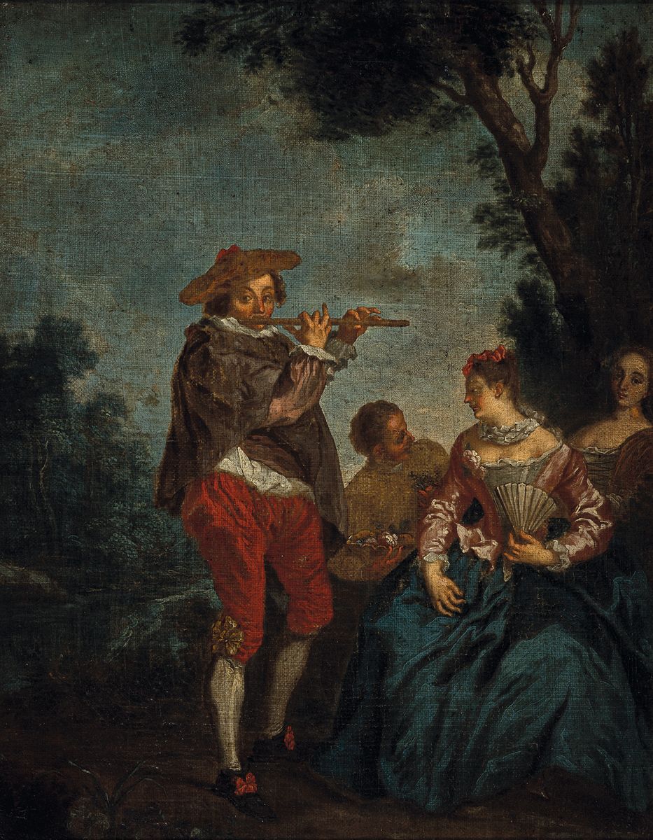 Detail a: Paar Barockgemälde, wohl süddeutsch, um 1750, galante Szene im Park, Öl/Lwd, krakeliert, ca. 43 x 34 cm, Rahmen