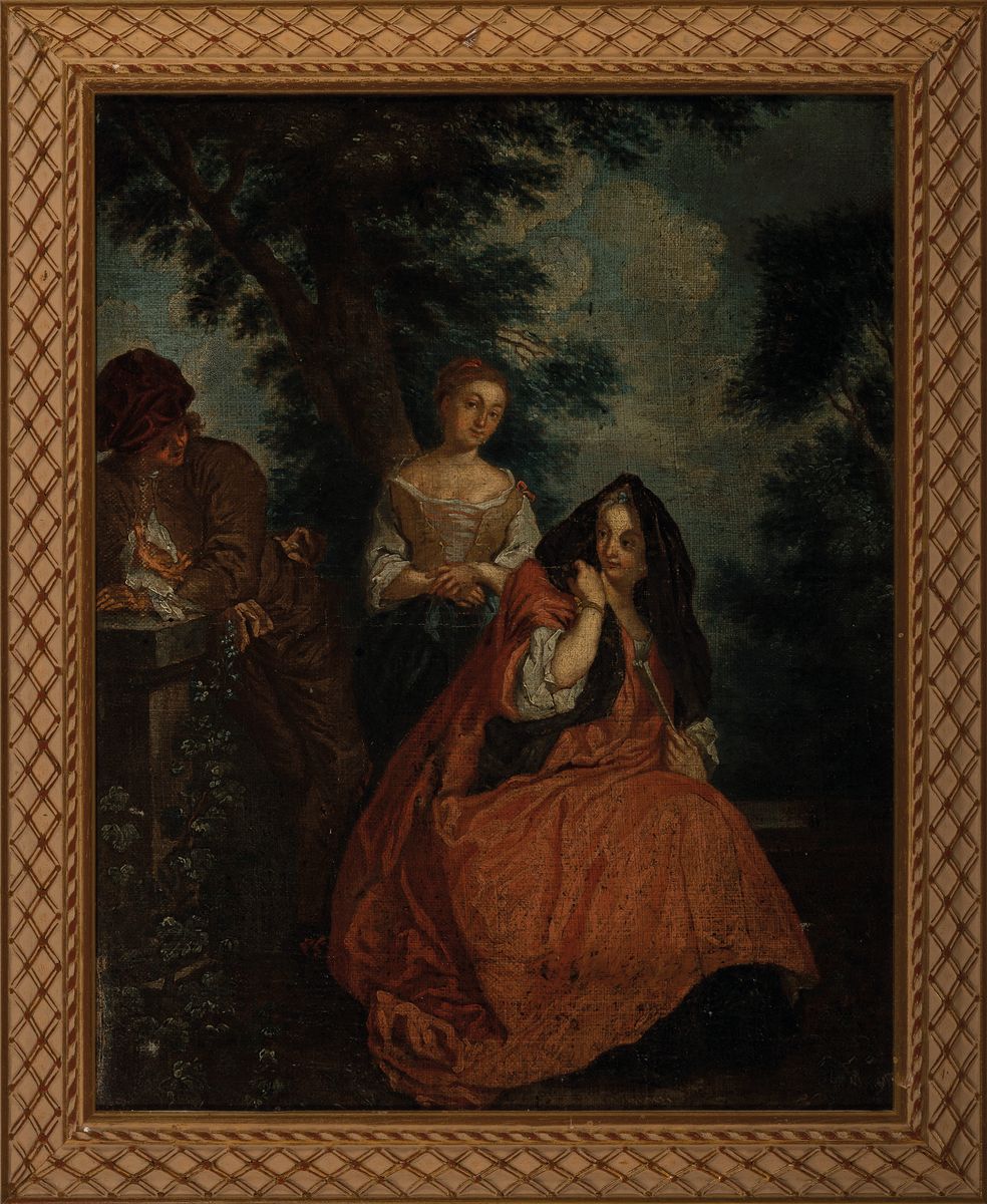 Detail k: Paar Barockgemälde, wohl süddeutsch, um 1750, galante Szene im Park, Öl/Lwd, krakeliert, ca. 43 x 34 cm, Rahmen