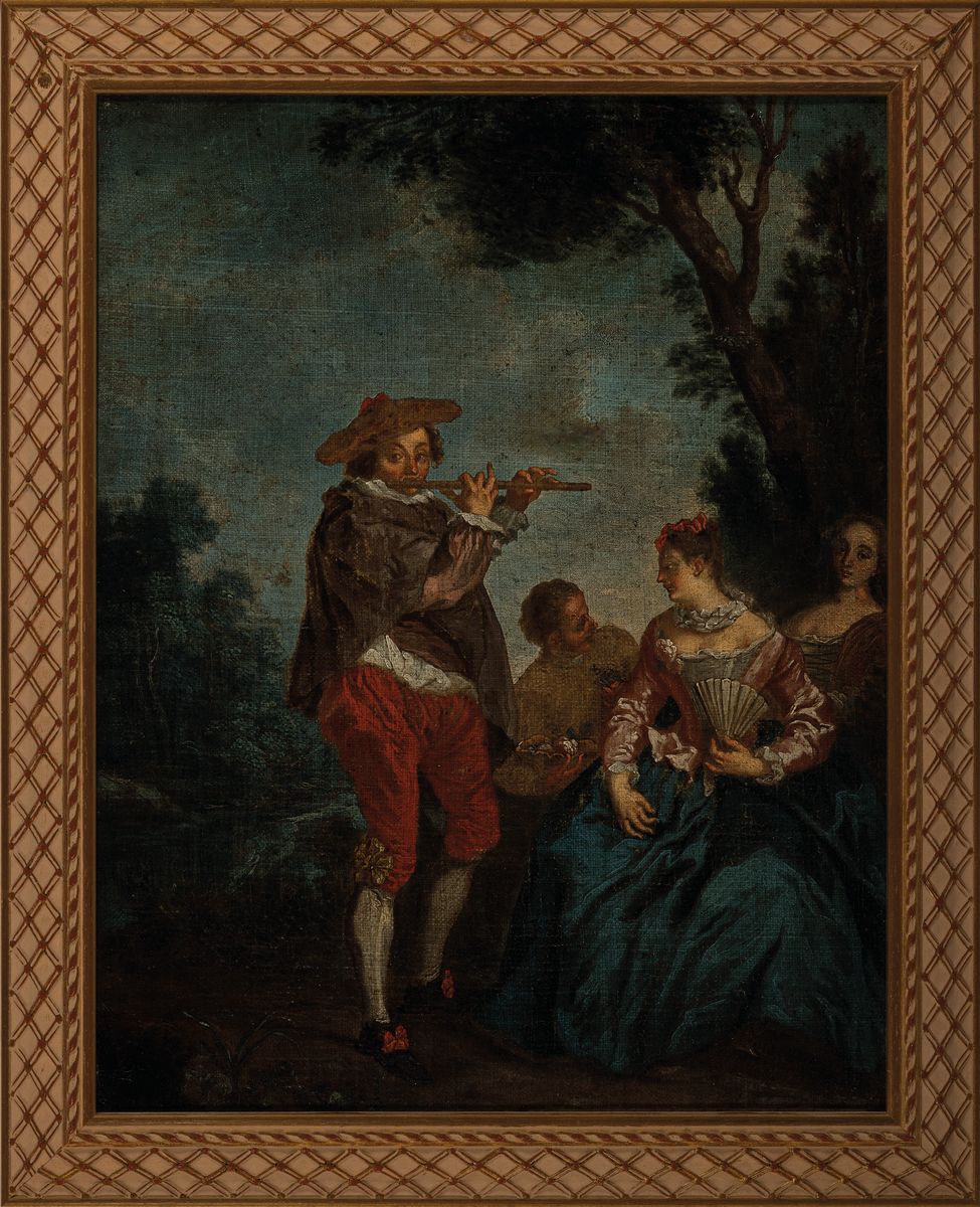 Detail l: Paar Barockgemälde, wohl süddeutsch, um 1750, galante Szene im Park, Öl/Lwd, krakeliert, ca. 43 x 34 cm, Rahmen
