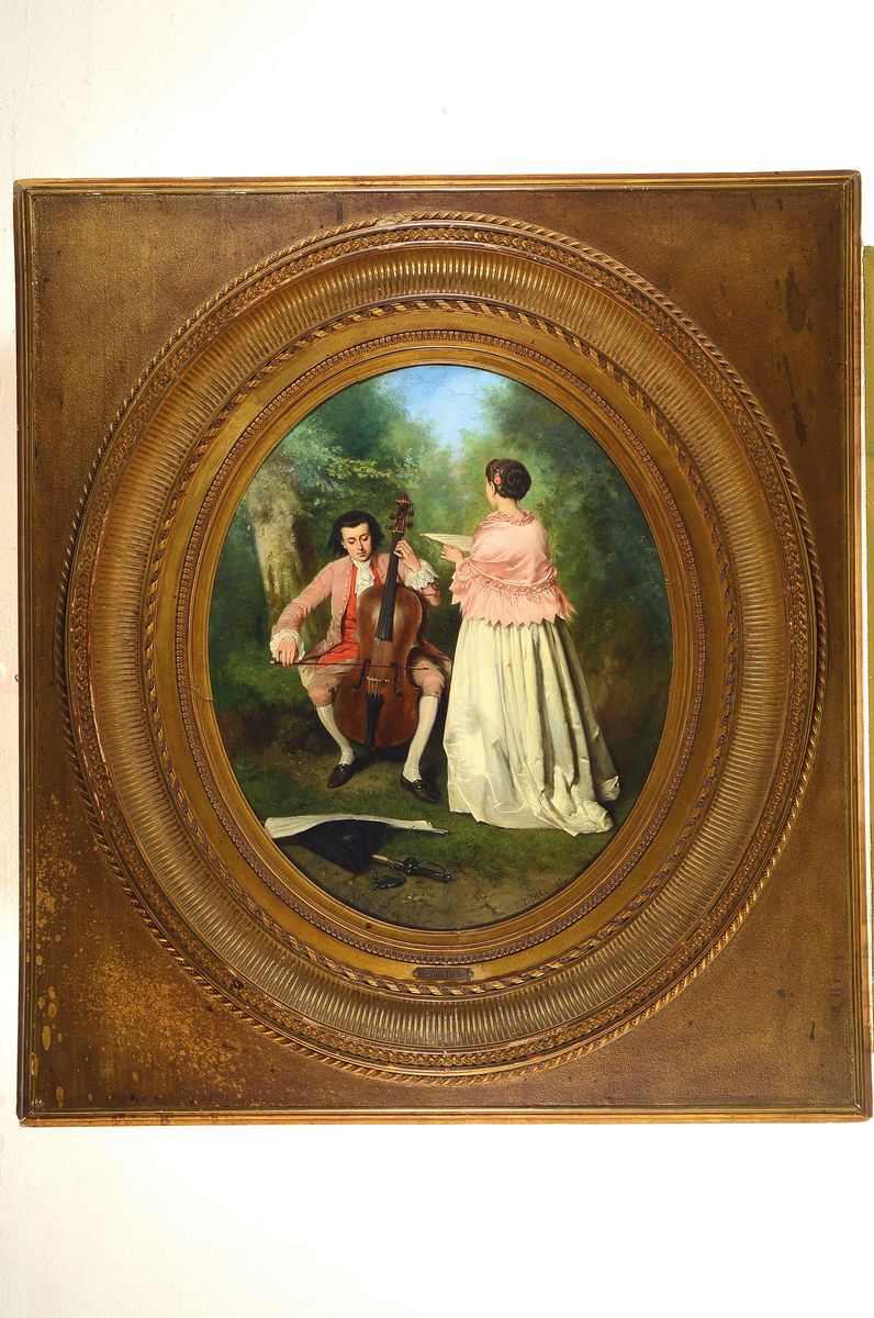 Detail k: Eugéne Fichel, 1826 Paris - 1895, junger Cellospieler mit Sängerin, intime Darstellung eines jungen Paares in Parklandschaft, detailreiche ...
