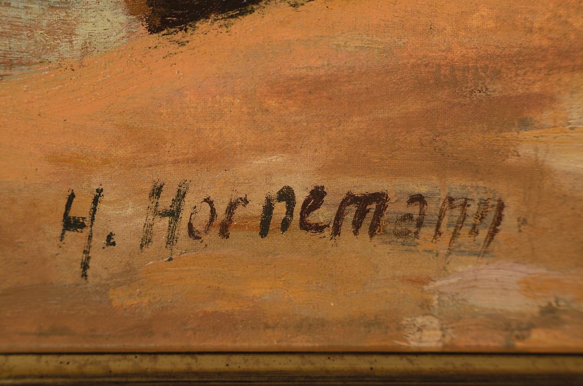 Detail a: H. Hornemann, niederländischer Künstler, Mitte 20. Jh., Blumenmarkt an der Gracht, Öl/Lwd, li. u. signiert, ca. 73 x 115 cm, Rahmen 87 x 127 cm