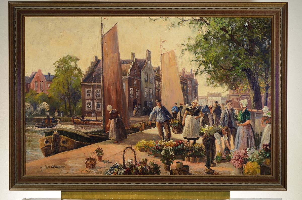 Detail k: H. Hornemann, niederländischer Künstler, Mitte 20. Jh., Blumenmarkt an der Gracht, Öl/Lwd, li. u. signiert, ca. 73 x 115 cm, Rahmen 87 x 127 cm