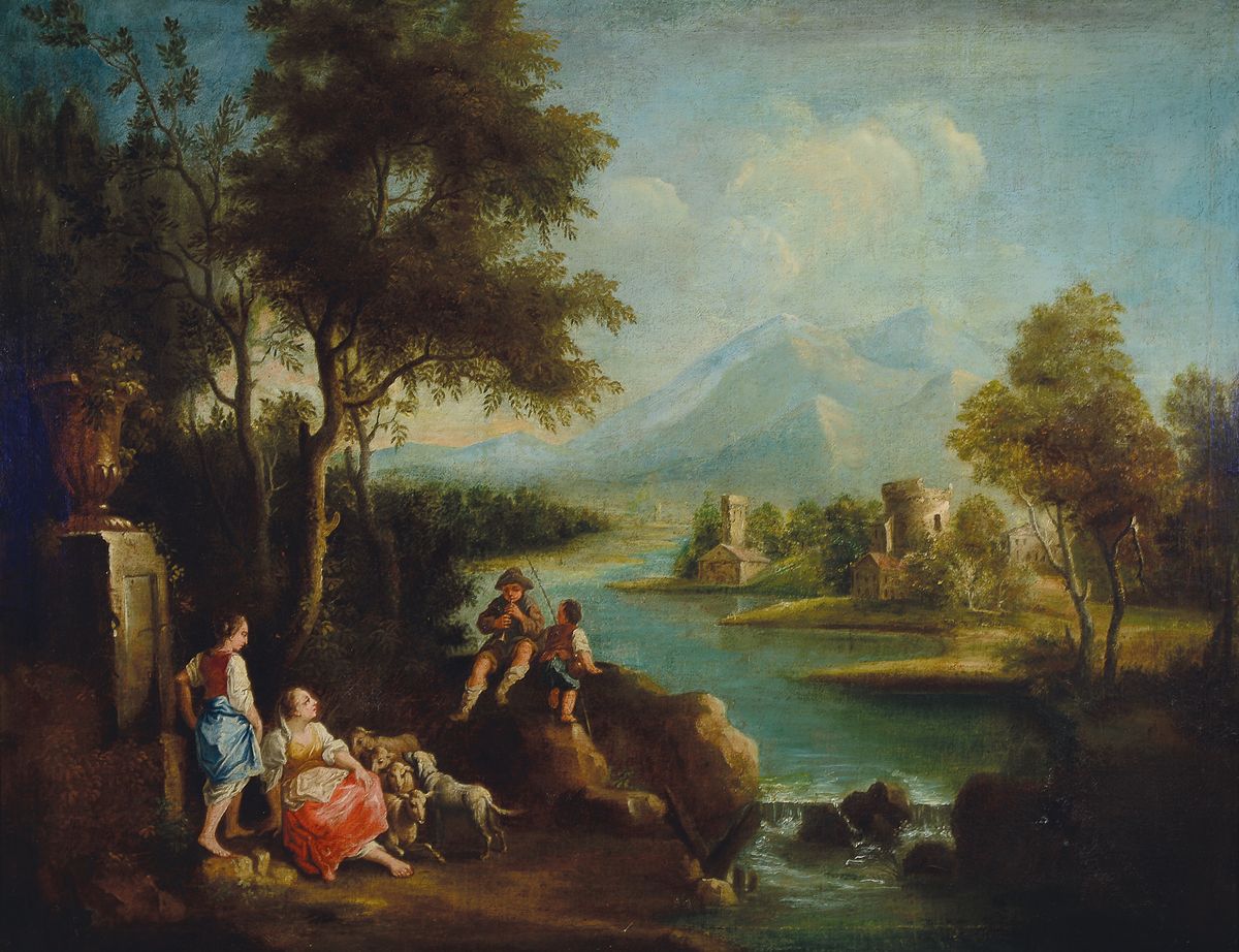 Barocker Künstler, 2. Hälfte 18. Jh., große italienische Ruinenlandschaft mit Schäferinnen und Knaben, schildernde Darstellung, Kinder mit Angel ...