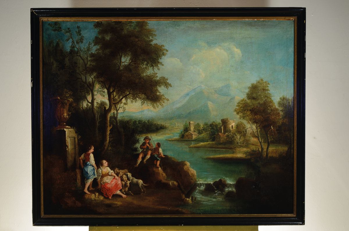 Detail k: Barocker Künstler, 2. Hälfte 18. Jh., große italienische Ruinenlandschaft mit Schäferinnen und Knaben, schildernde Darstellung, Kinder mit Angel ...