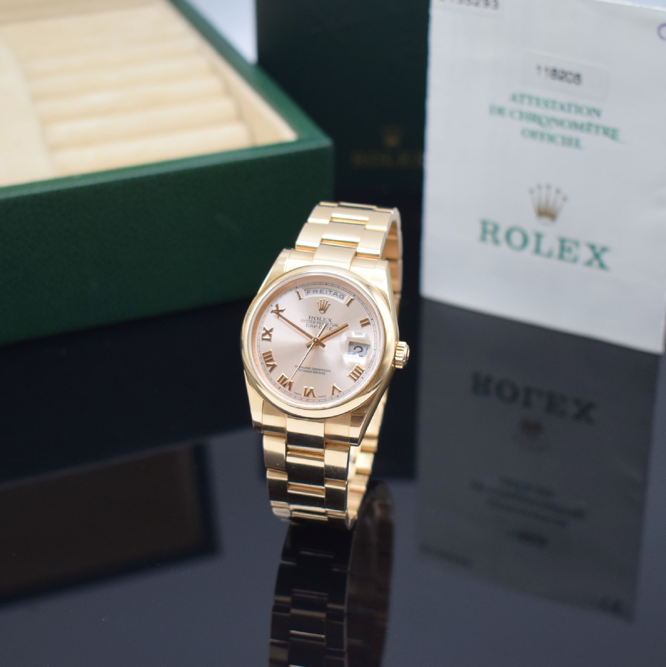 ROLEX Herrenarmbanduhr Oyster Perpetual Day- Date Roségold 750/000 Referenz 118205, Automatik, LC 100, P-Serie, Boden und Krone verschr., ab Herst. ...