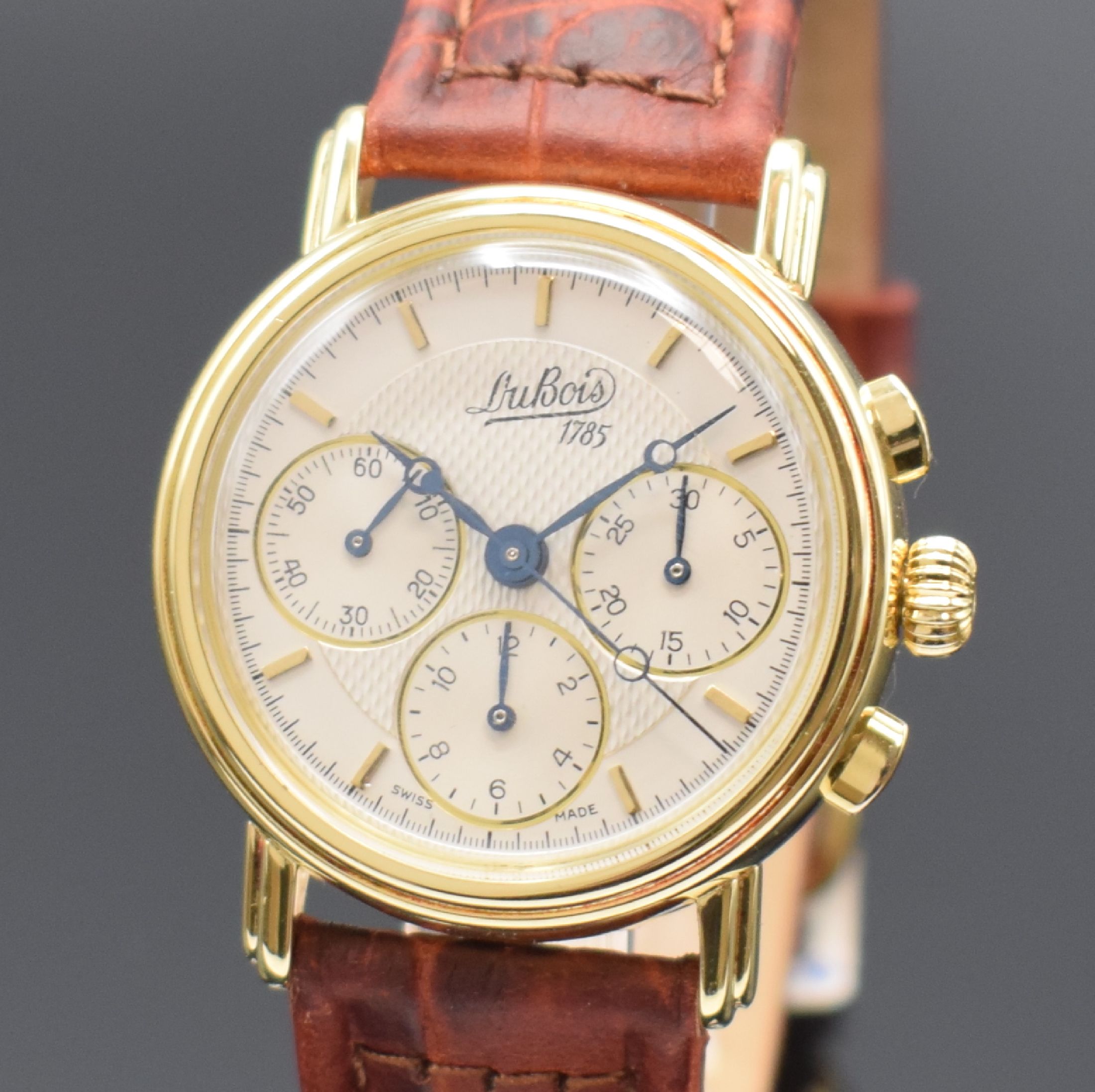 Detail a: DU BOIS seltener Armbandchronograph in GG 750/000, Handaufzug, Schweiz 1990er Jahre, beids. vergl., Boden aufgedr., silb. Zifferbl. m. aufgel. ...