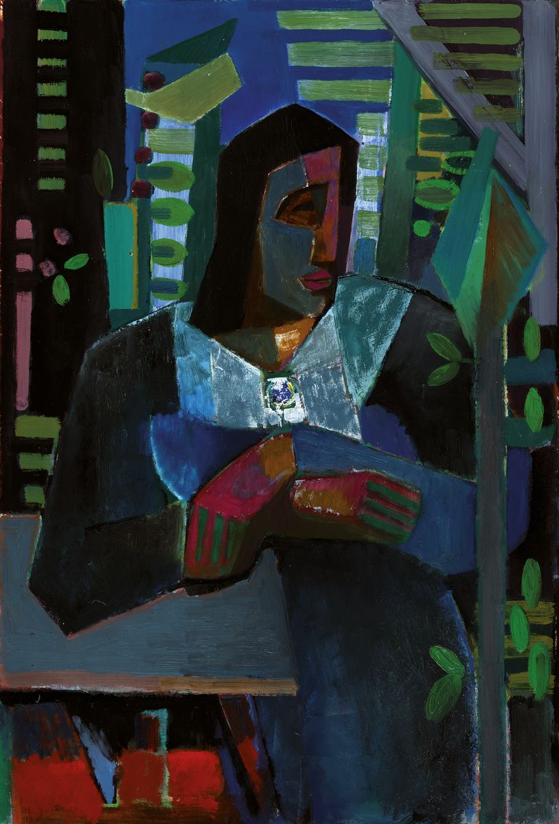 Walter Wohlschlegel, geb. 1907-1999, Titel: "Frau hinter Bäumen", verso sign., Acryl/Hartfaser, R., ca. 80x56 cm