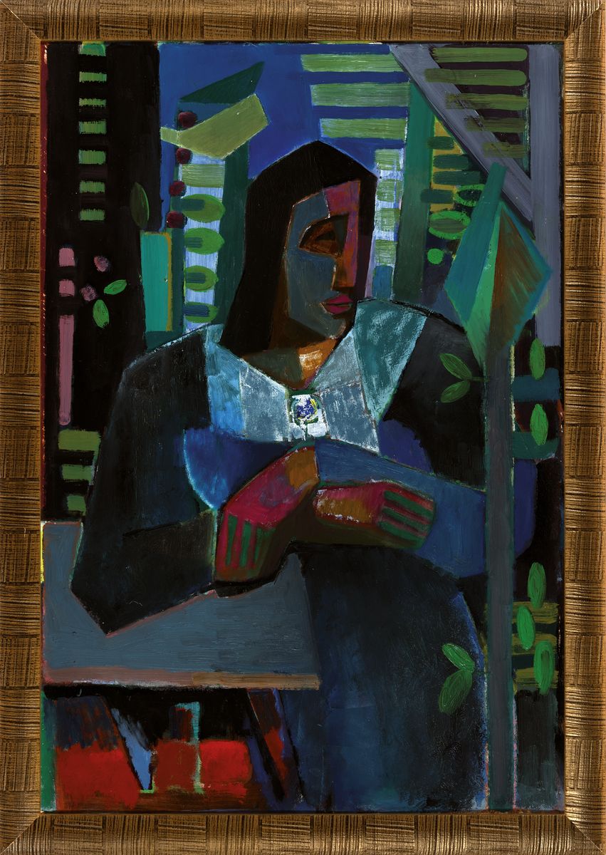 Detail k: Walter Wohlschlegel, geb. 1907-1999, Titel: "Frau hinter Bäumen", verso sign., Acryl/Hartfaser, R., ca. 80x56 cm