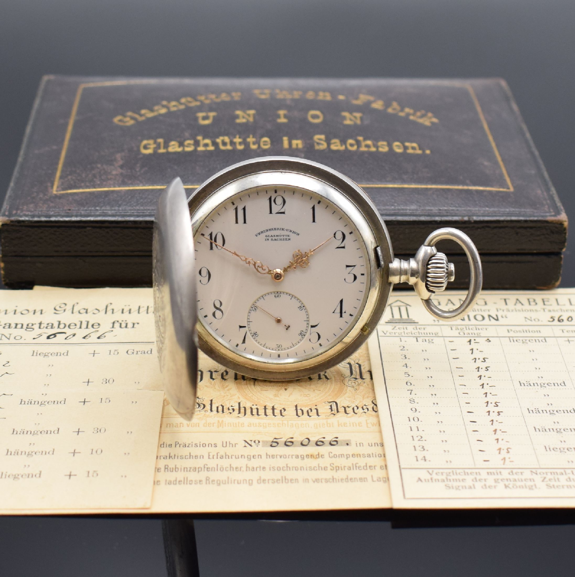 UHRENFABRIK UNION GLASHÜTTE IN SACHSEN schwere Silber-Savonette-Taschenuhr mit original Etui, Zertifikat und Gangtabellen, Werk- und Geh.-Nr. 56066, ...