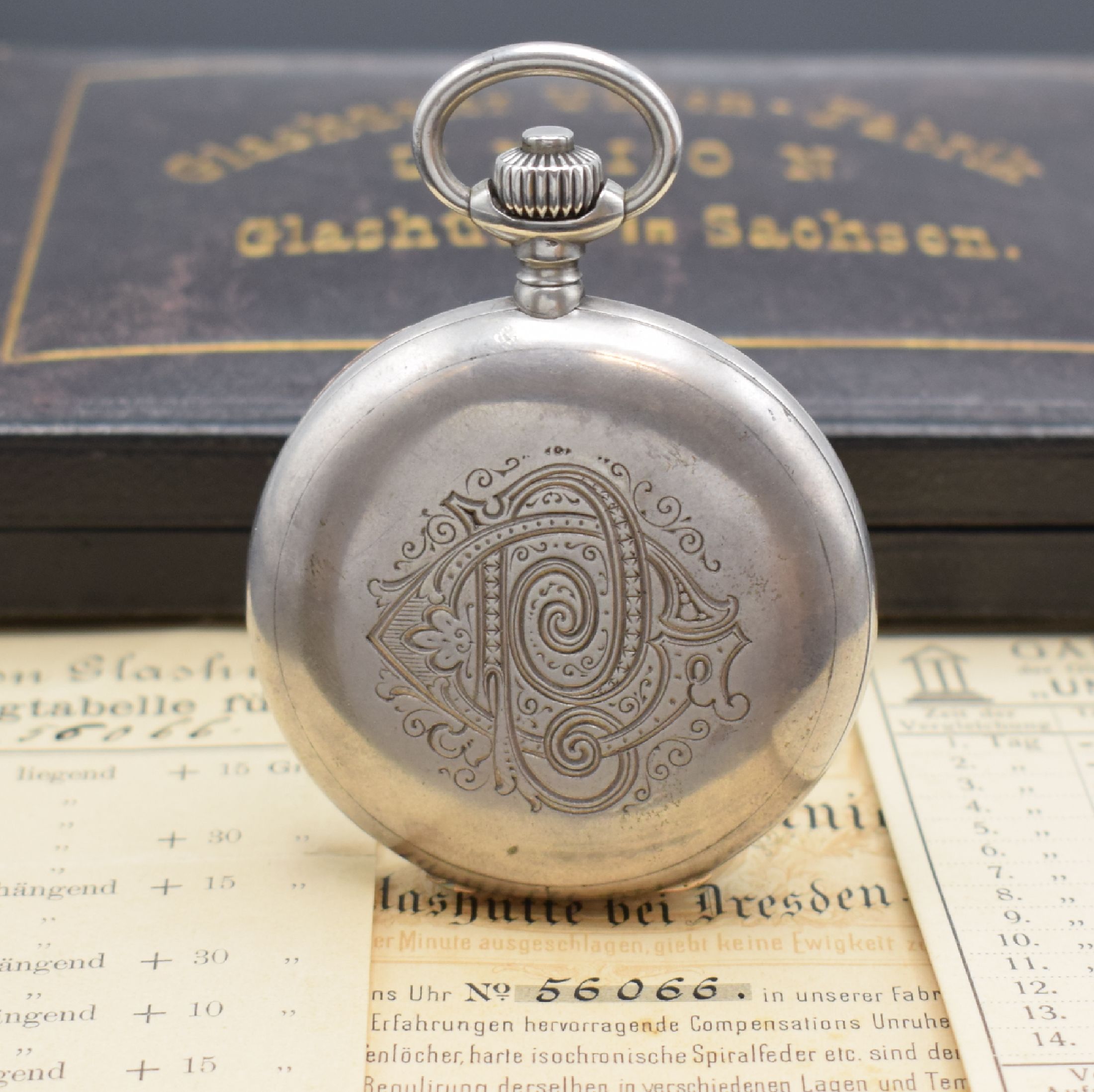 Detail b: UHRENFABRIK UNION GLASHÜTTE IN SACHSEN schwere Silber-Savonette-Taschenuhr mit original Etui, Zertifikat und Gangtabellen, Werk- und Geh.-Nr. 56066, ...