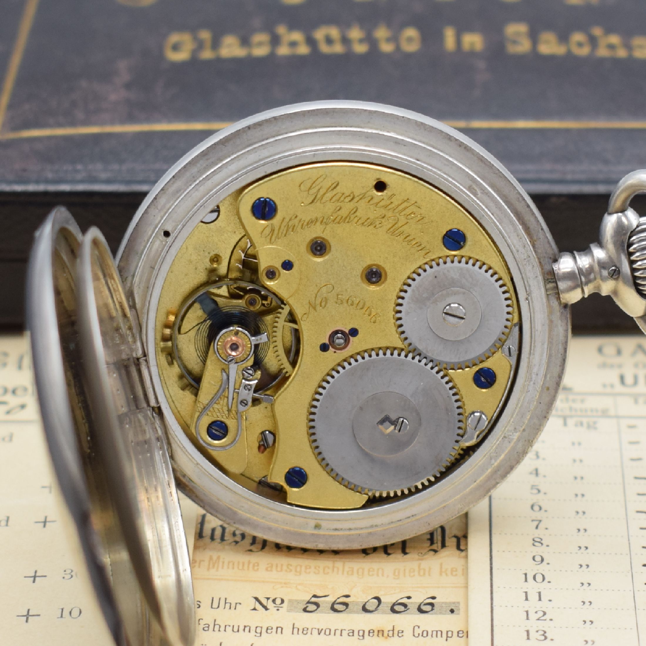 Detail g: UHRENFABRIK UNION GLASHÜTTE IN SACHSEN schwere Silber-Savonette-Taschenuhr mit original Etui, Zertifikat und Gangtabellen, Werk- und Geh.-Nr. 56066, ...