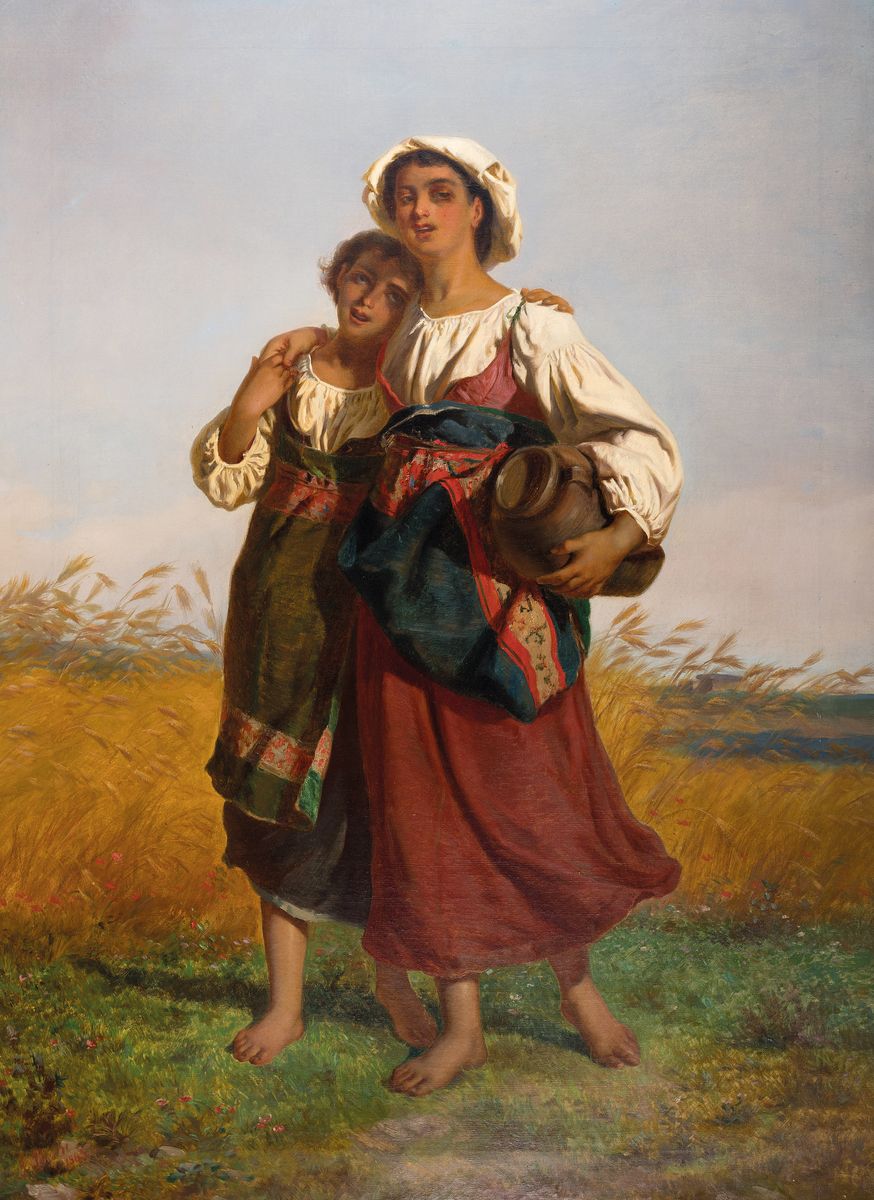 Luigi Bechi, 1830-1919 Florenz, Studium an der Accademie di Belle Arti Florenz, zwei Italienerinnen auf dem Heimweg von der Feldarbeit, Öl/Lwd, ...
