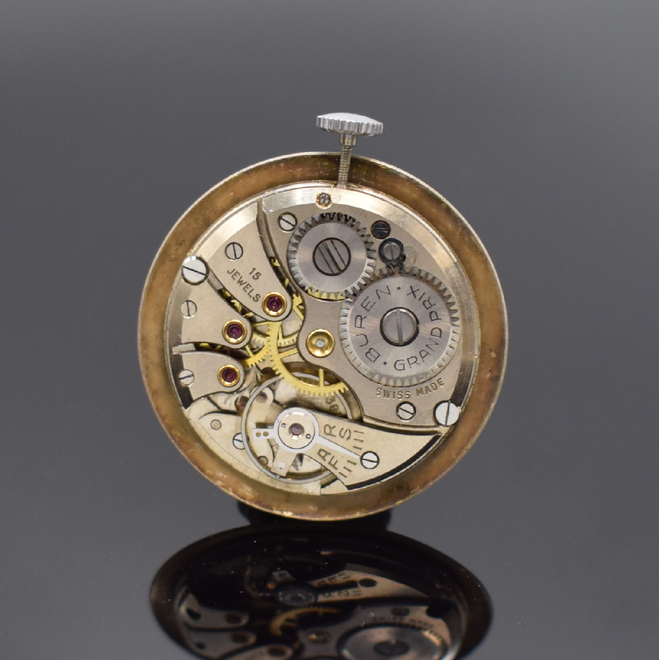 Detail c: BUREN Grand Prix Herrenarmbanduhr, Schweiz um 1955, Handaufzug, verchr. Geh., Stahlboden (dell.) gedr., silb. Zifferbl., silb. Std.-Ind., Zeiger und ...