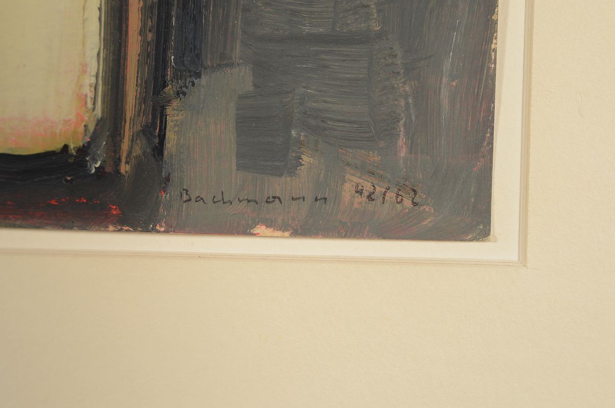 Detail a: Hermann Bachmann, 1922 Halle-1995 Karlsruhe,Abstrakte Figur, Öl/Malkarton, rechts unten sifniert und bez.: 42/62, ca. 25x17cm, PP, u. Gl., R. ca. ...
