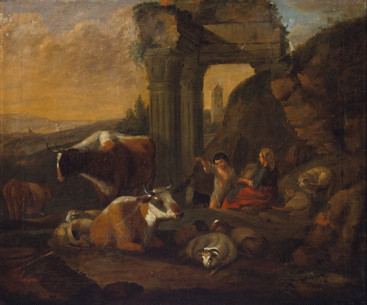 Detail a: Maler des Spätbarock, deutsch, um 1760, 2 Pendants: Landshcaften mit Ruinen, Kühen, Schafen und Personen, Öl/Lwd, rückseitig jeweils bez.: Hiert ...