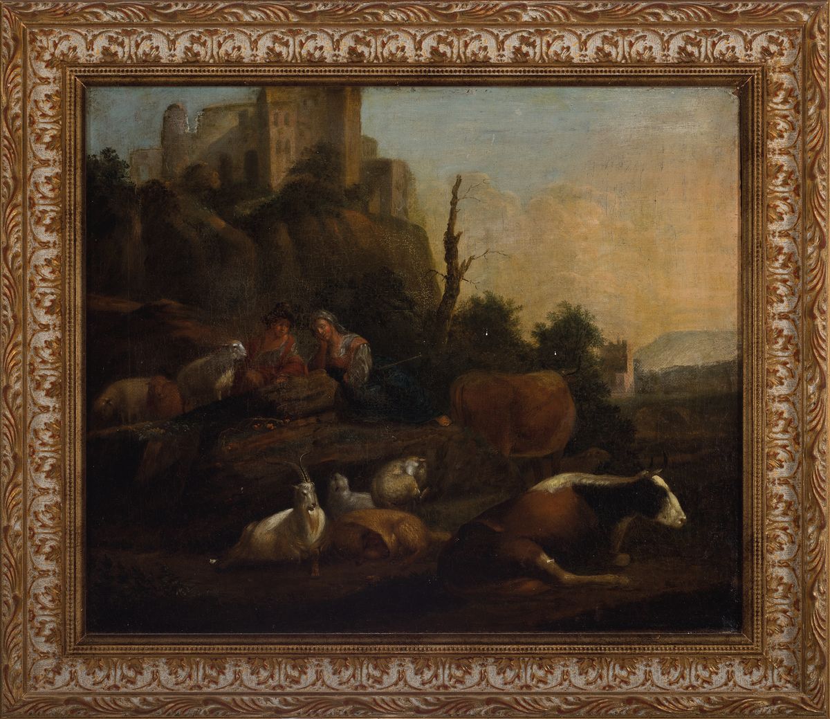 Detail k: Maler des Spätbarock, deutsch, um 1760, 2 Pendants: Landshcaften mit Ruinen, Kühen, Schafen und Personen, Öl/Lwd, rückseitig jeweils bez.: Hiert ...