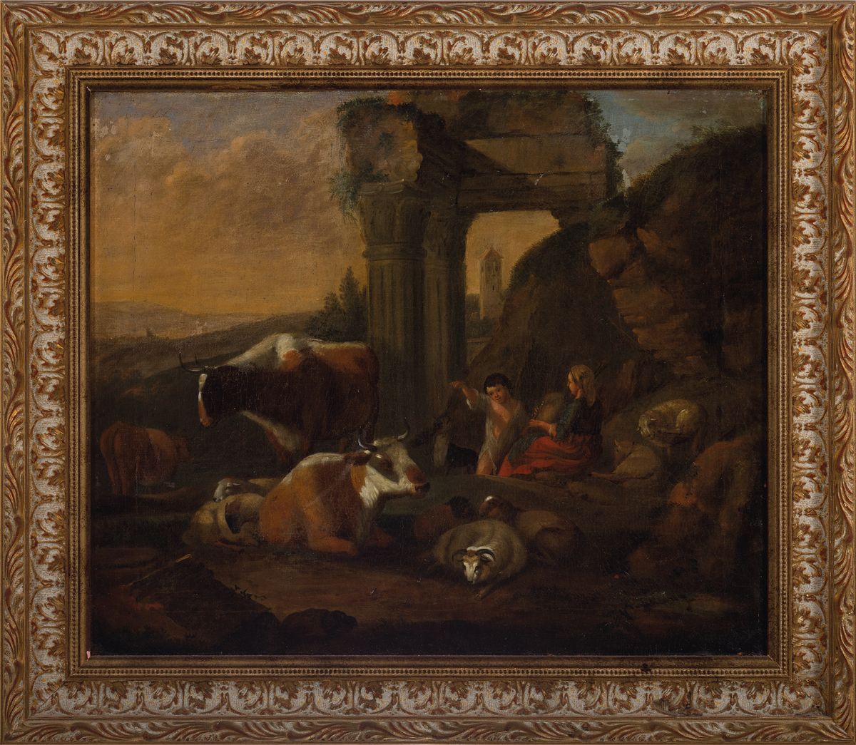 Detail l: Maler des Spätbarock, deutsch, um 1760, 2 Pendants: Landshcaften mit Ruinen, Kühen, Schafen und Personen, Öl/Lwd, rückseitig jeweils bez.: Hiert ...