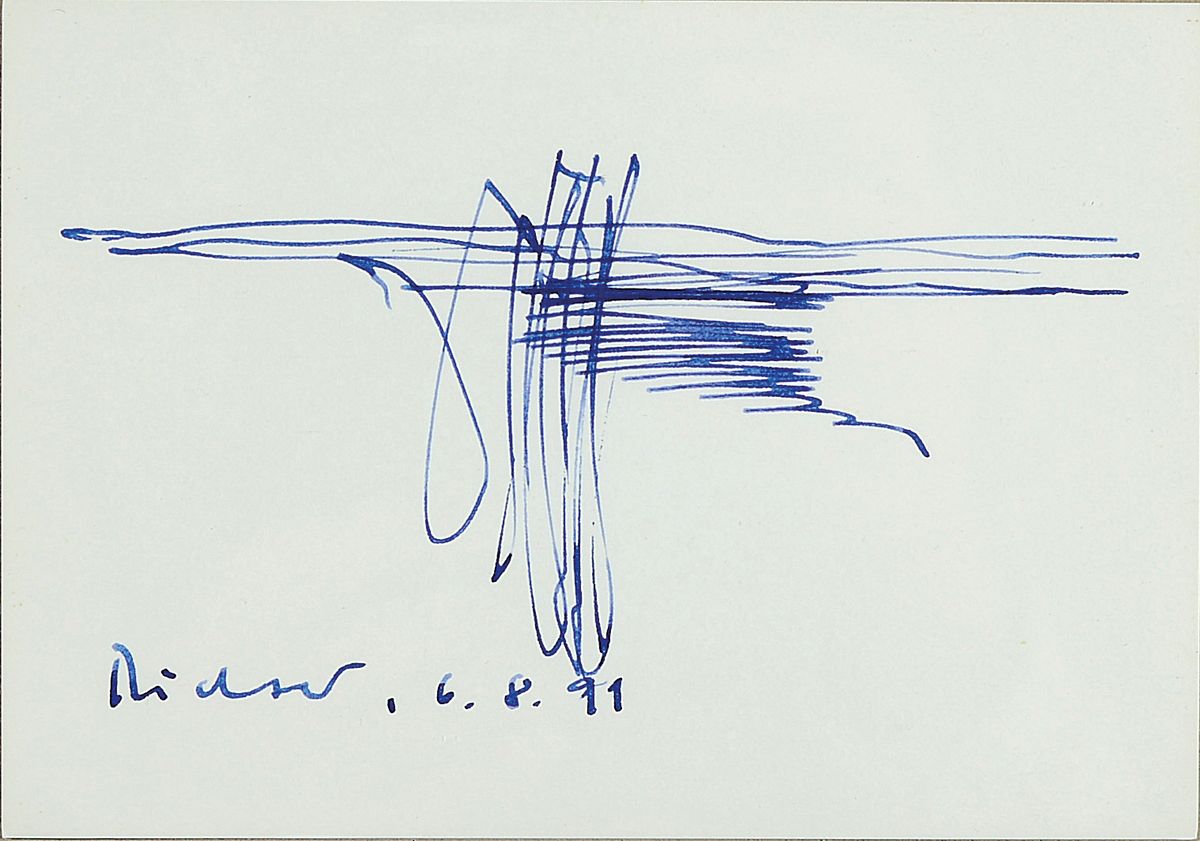 Gerhard Richter, geb. 1932, Zeichnung, Tinte auf Papier, signiert und dat. 6.8.91, ca. 10.5x15cm, PP, u.Gl., R. ca. 28x35cm, direkt vom Künstler ...