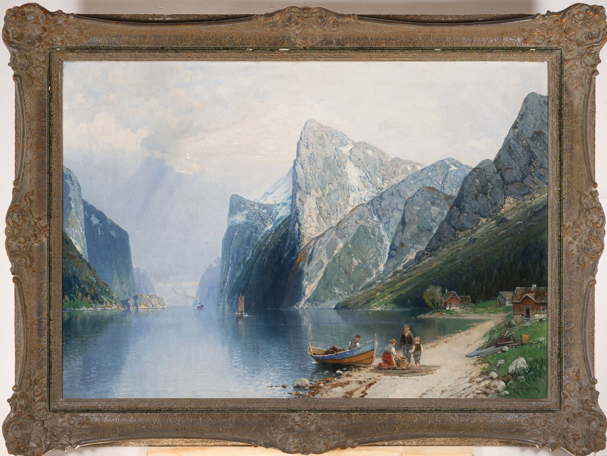 Detail k: Carl Schmitz-Schulten, 1870-1958 Düsseldorf, Norwegische Fjordlandschaft, Öl/Lwd, rechts unten sign., ca. 70x100cm, R. ca. 92x122cm