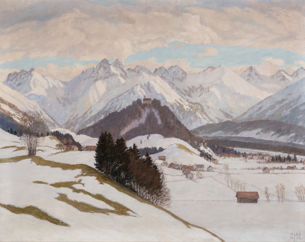Alexander Weise, 1883 Odessa-1960 München, Verschneite Winterlandschaft in den Alpen, Öl/Lwd, rechts unten signiert Alex Weise und dat. 37, ...