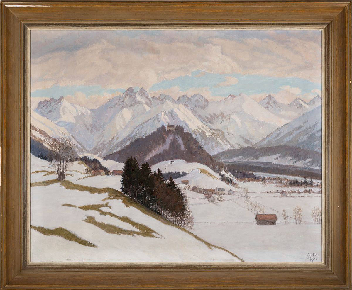 Detail k: Alexander Weise, 1883 Odessa-1960 München, Verschneite Winterlandschaft in den Alpen, Öl/Lwd, rechts unten signiert Alex Weise und dat. 37, ...