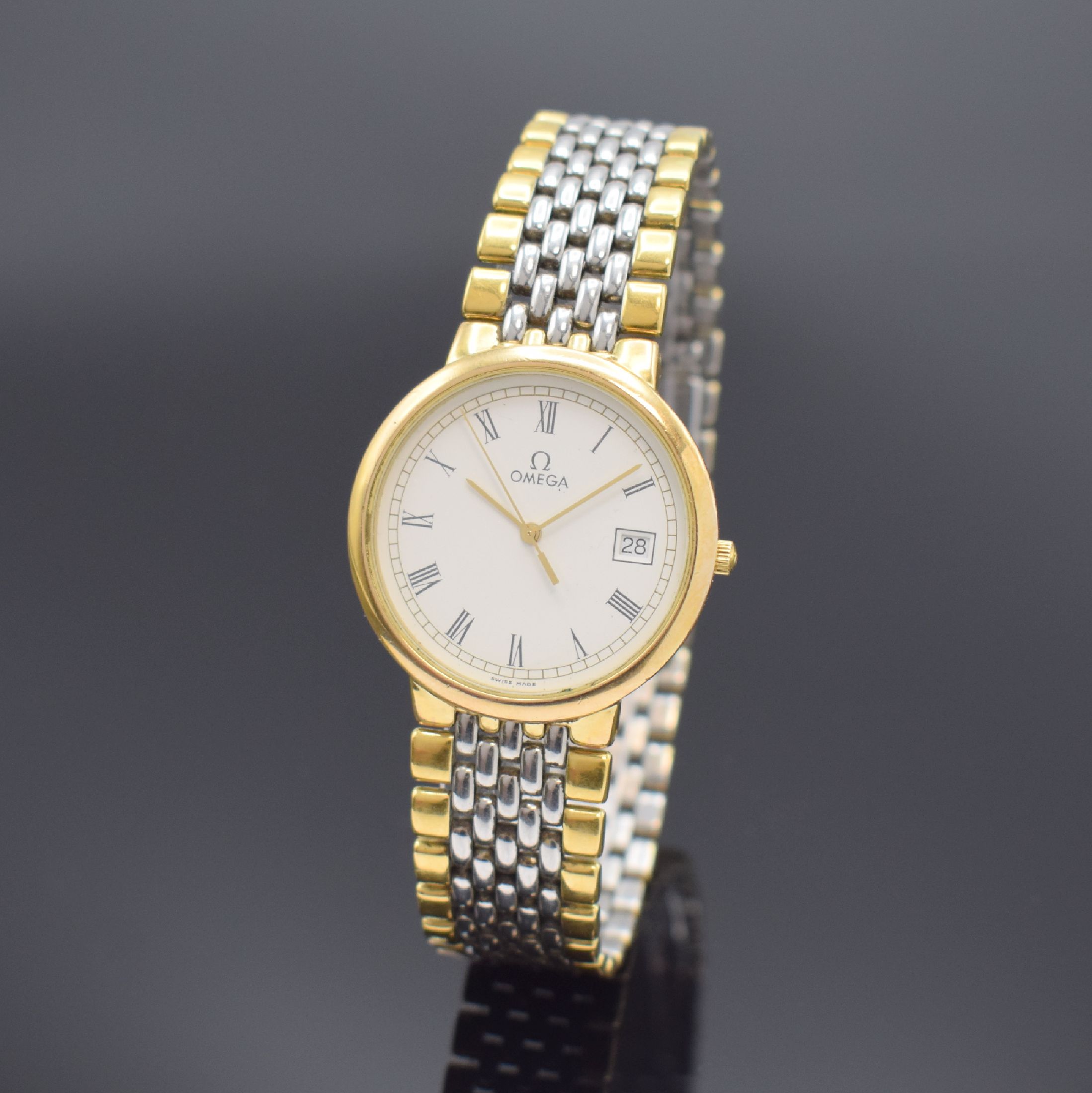 OMEGA De Ville Herrenarmbanduhr Referenz 3961012, Schweiz 1980er Jahre, quarz, verg. Geh. inkl. Gliederband m. Faltschl., Edelstahlboden aufgedr., ...