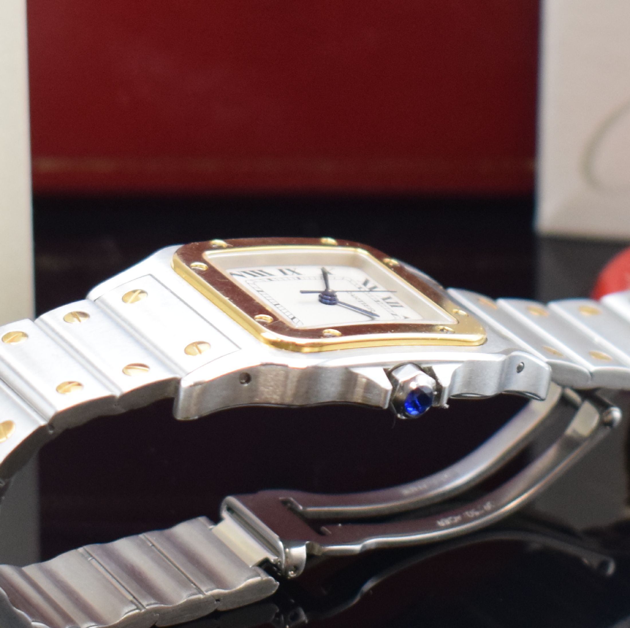 Detail c: CARTIER Armbanduhr Santos Galbée Referenz 1566, Edelstahl/Gold kombiniert inkl. Gliederband m. Faltschl., quarz, Boden 8-fach verschr., ...