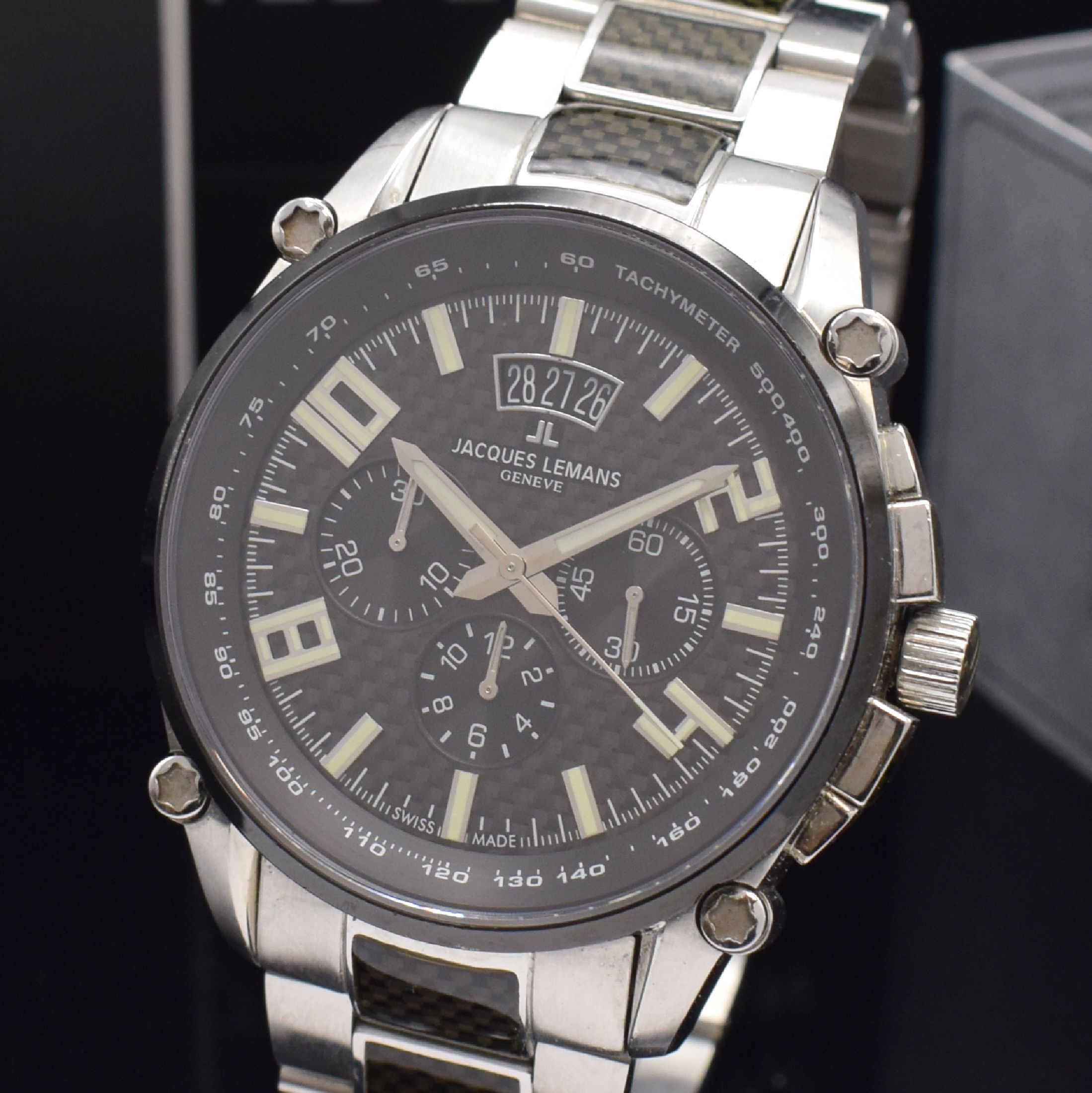 Detail a: JACQUES LEMANS auf 400 Stück limitierte Herrenarmbanduhr Chrono Carbon Referenz G-209, Automatik, Edelstahlgeh. inkl. Gliederband m. dopp. ...