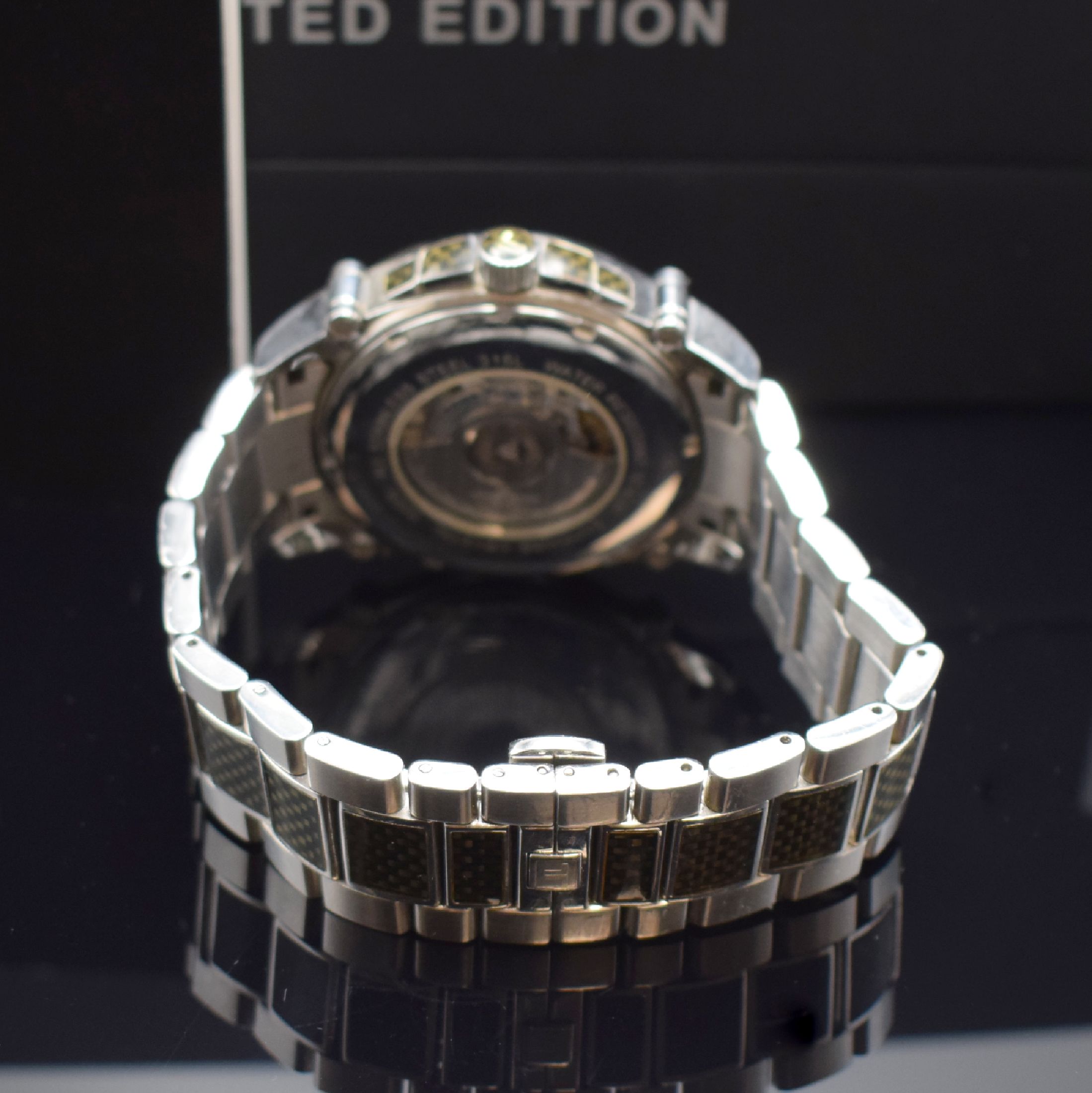 Detail b: JACQUES LEMANS auf 400 Stück limitierte Herrenarmbanduhr Chrono Carbon Referenz G-209, Automatik, Edelstahlgeh. inkl. Gliederband m. dopp. ...