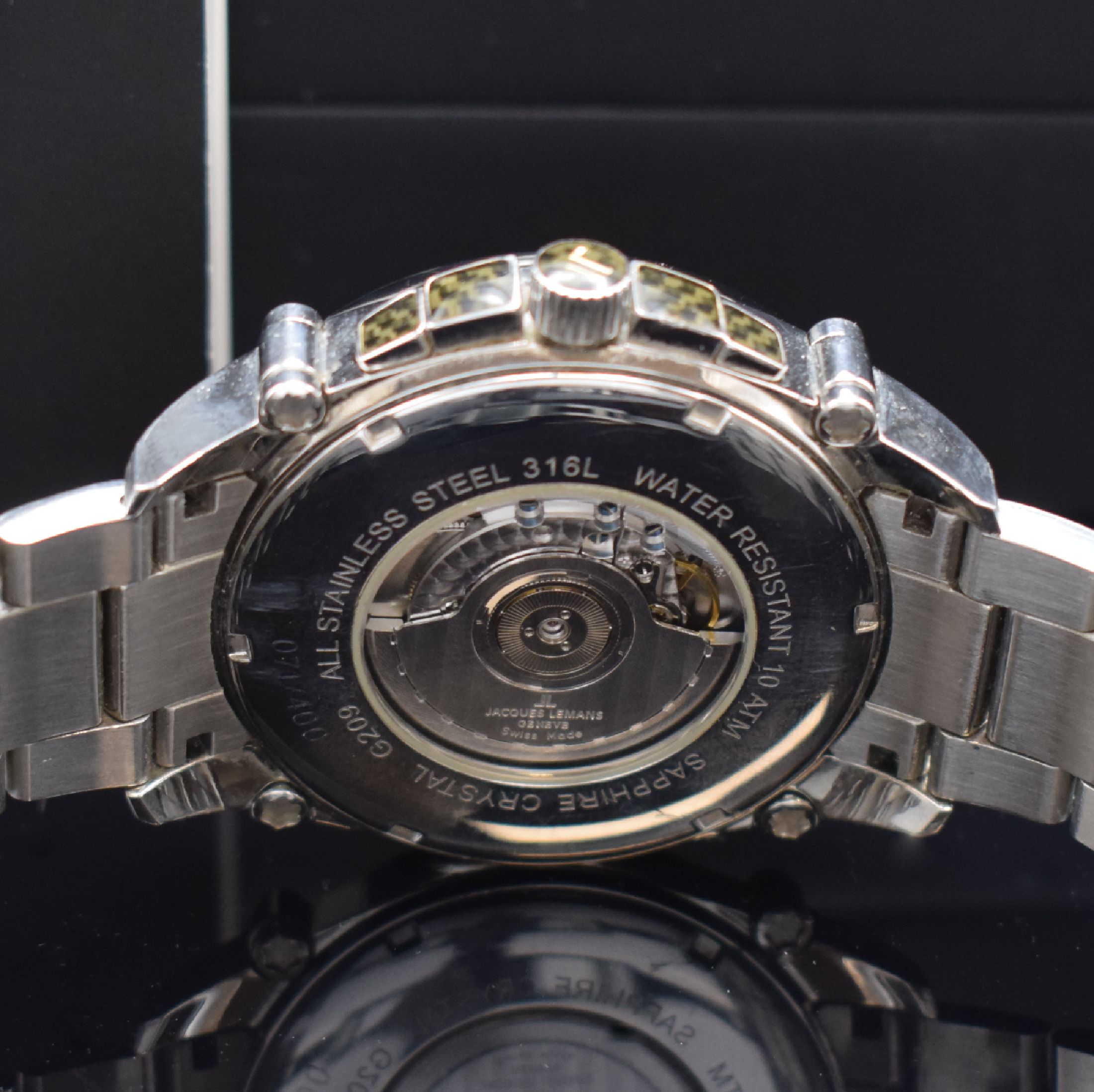 Detail d: JACQUES LEMANS auf 400 Stück limitierte Herrenarmbanduhr Chrono Carbon Referenz G-209, Automatik, Edelstahlgeh. inkl. Gliederband m. dopp. ...