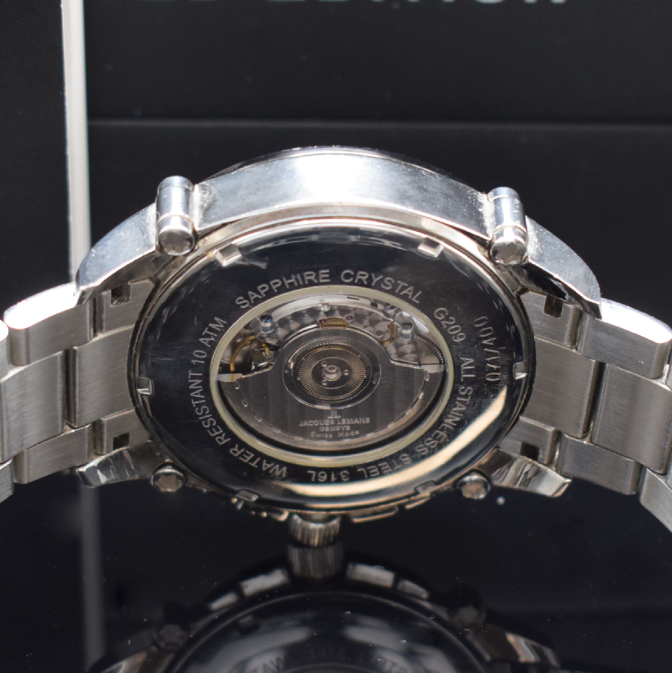 Detail e: JACQUES LEMANS auf 400 Stück limitierte Herrenarmbanduhr Chrono Carbon Referenz G-209, Automatik, Edelstahlgeh. inkl. Gliederband m. dopp. ...