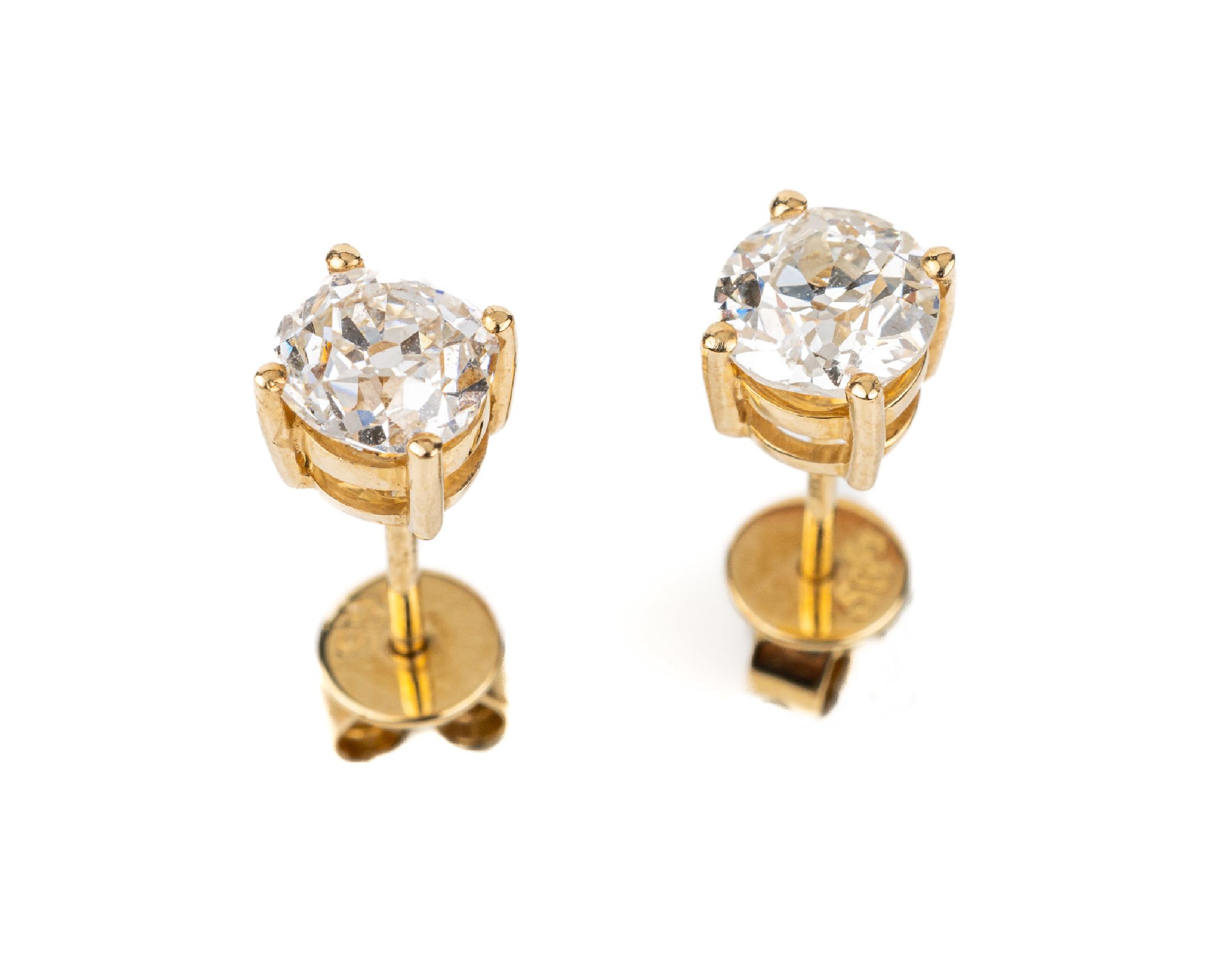 Paar 14 kt Gold Diamant-Ohrstecker, GG 585/000, 2 Altschliffdiamanten zus. ca. 1.23 ct Weiß/si