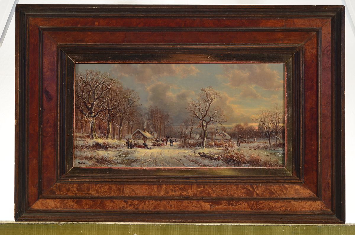 Detail k: Hubert Kaplan, geb. 1940 München, Studium an der Akademie München, hier: Winterlandschaft mit Holzarbeitern und Personen, feine Miniaturmalerei, ...