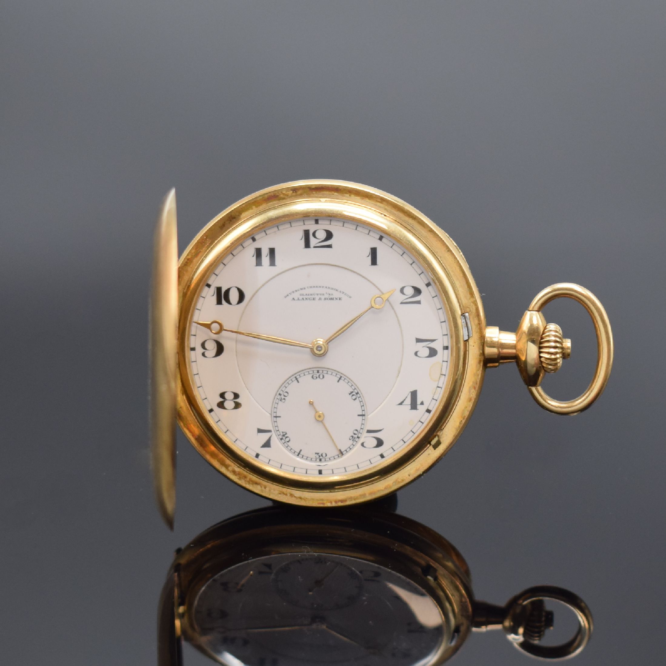 A. LANGE & SÖHNE / DUF Savonette Herrentaschenuhr in RG 585/000, Deutschland um 1925, glattes Lucia 3-Deckel Goldgeh. angel., Sprungdeckel m. ...