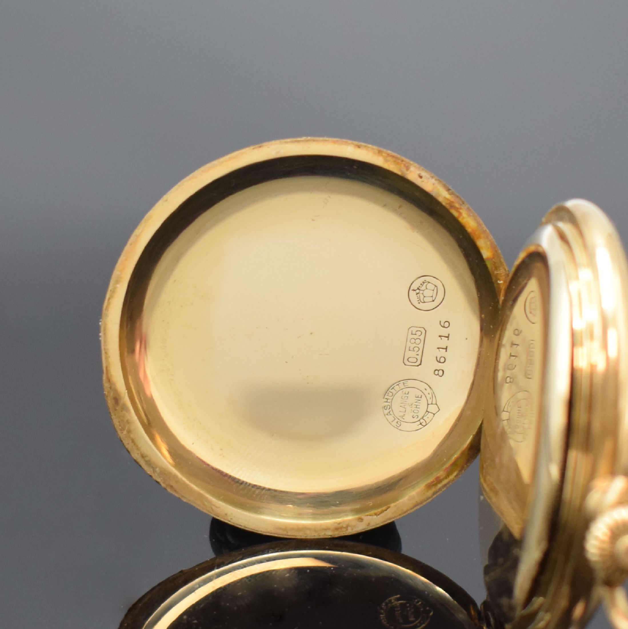 Detail e: A. LANGE & SÖHNE / DUF Savonette Herrentaschenuhr in RG 585/000, Deutschland um 1925, glattes Lucia 3-Deckel Goldgeh. angel., Sprungdeckel m. ...